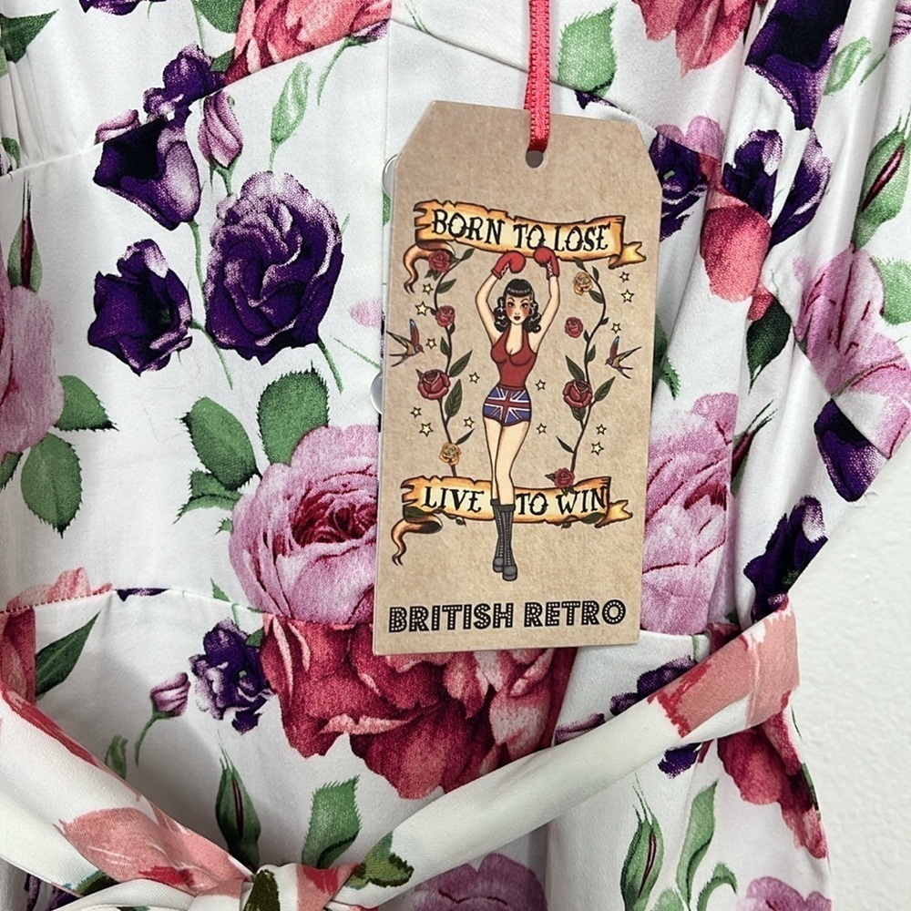 New British Retro White Rose Puffed Sleeve Dress Women Size UK 14 / US 10 - Picture 3 of 9